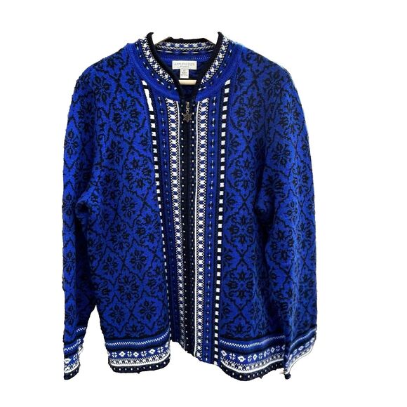 Appleseeds Nordic Style Sweater Women's Size 1x Zip Front Cardigan Blue Black - Picture 1 of 10
